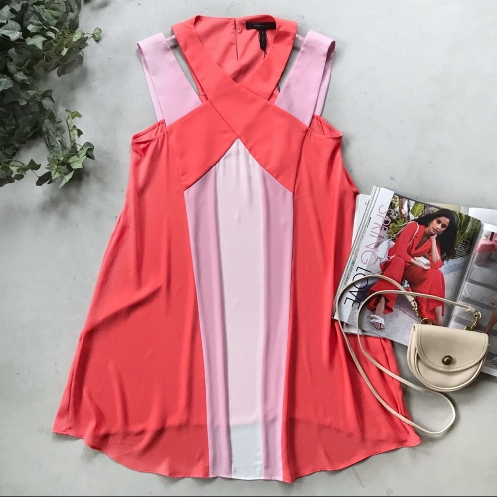 BCBGMazAzaria Chantel Crossover Neckline Shift Dress AMBROSIA Colorblock COMBO